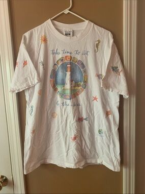 Take Time to Sit by the Sea White Graphic Tee - Nautical Lighthouse Print